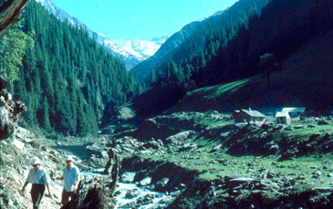 A Himalayan mountain stream with hikers trekking through.